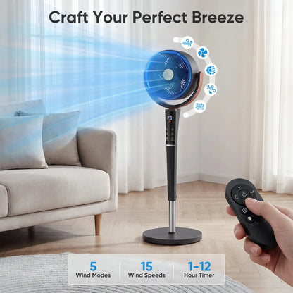 Quiet DC Pedestal Fan with Remote – 15 Speeds, 120° Oscillation & LED Light