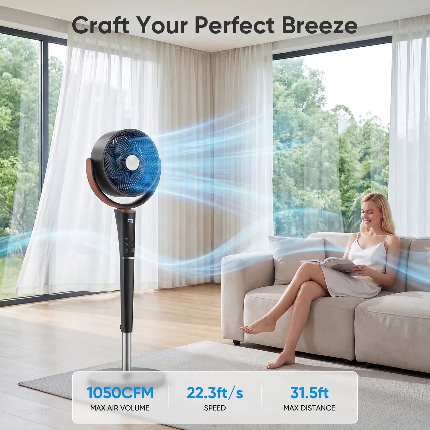 Quiet DC Pedestal Fan with Remote – 15 Speeds, 120° Oscillation & LED Light