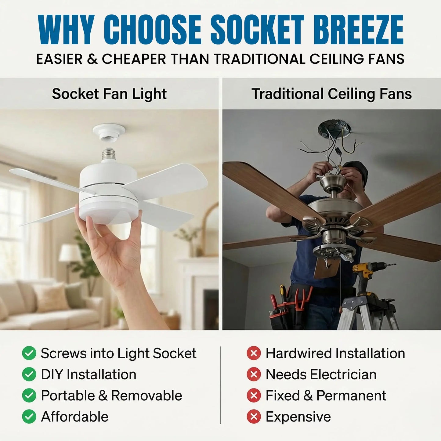 Remote Control Socket Ceiling Fan with Light