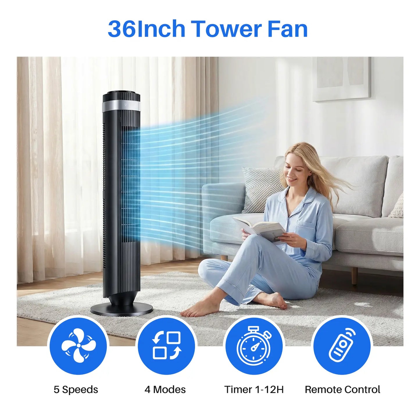 Silent Tower Fan for Bedroom – Bladeless Oscillating Fan with 12H Timer