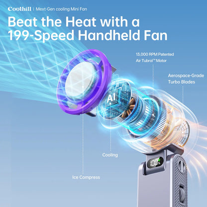 CoolHill Portable Handheld Fan – 199 Speed Levels, Foldable High-Speed Cooling
